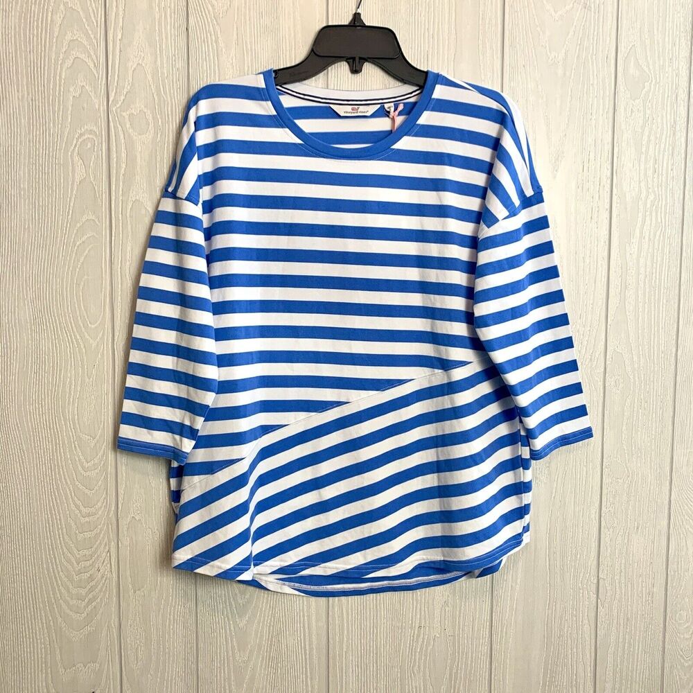 Vineyard Vines Pieced Striped Deluxe Tee Tide Blue 3/4 Sleeve Small NWT